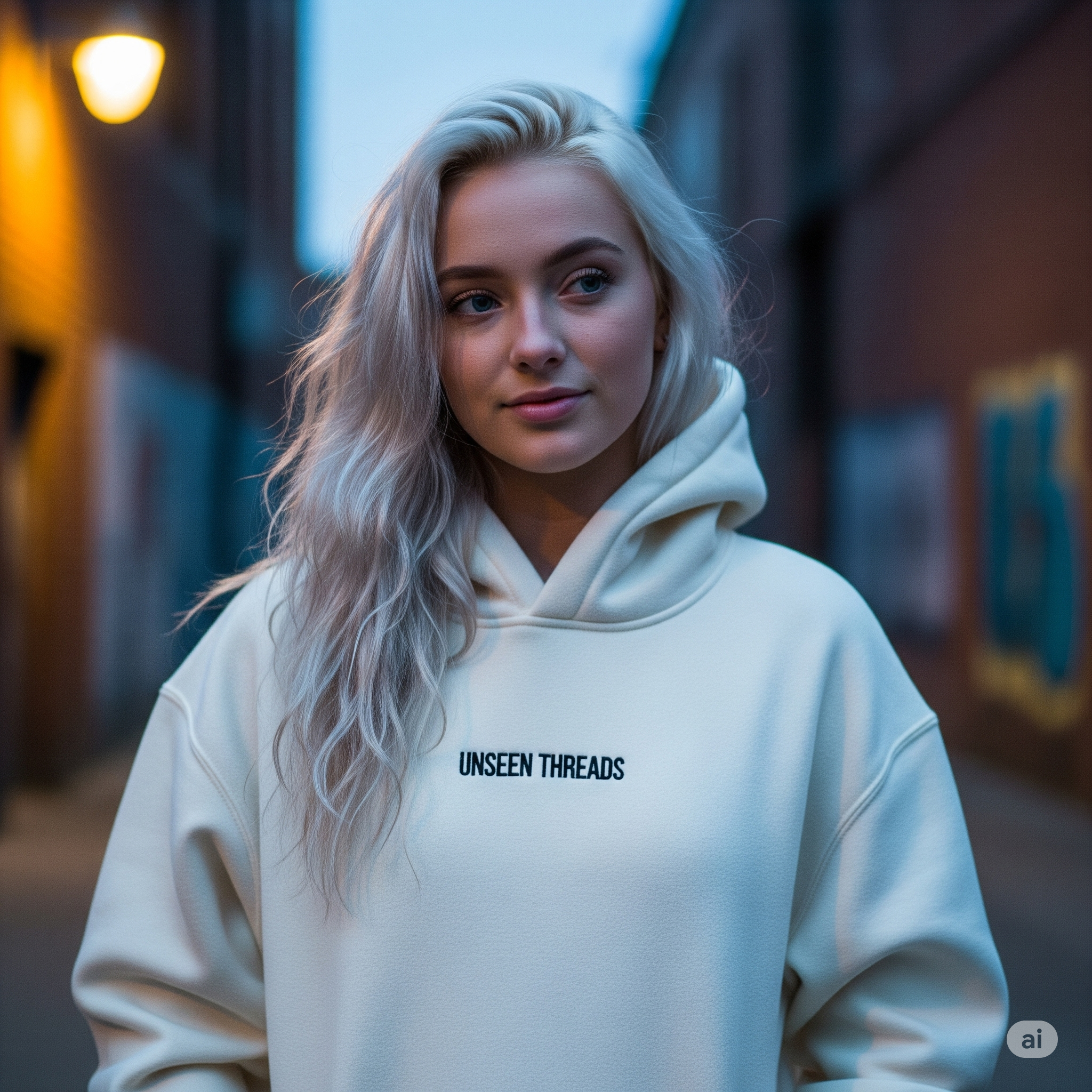 Woman wearing a white hoodie with 'UNSEEN THREADS' text in an urban setting